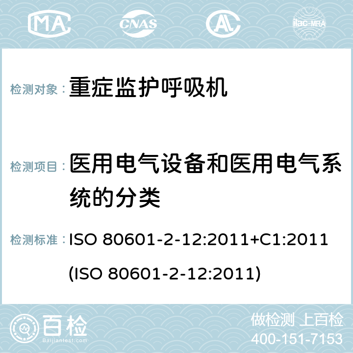 医用电气设备和医用电气系统的分类 医用电气设备 - 第2-12部分：基本安全和重症监护呼吸机的基本性能的特殊要求 ISO 80601-2-12:2011+C1:2011(ISO 80601-2-12:2011) 201.6