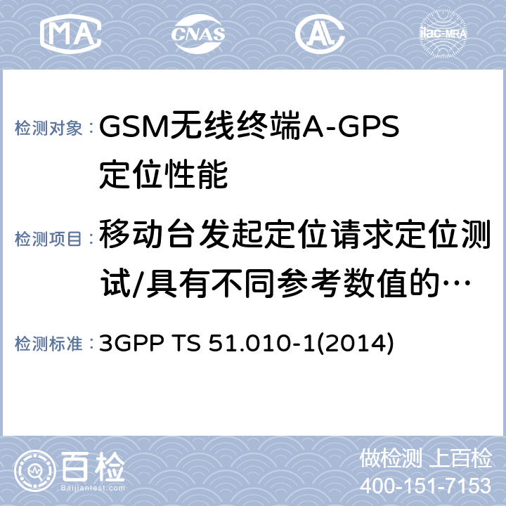 移动台发起定位请求定位测试/具有不同参考数值的多无线资源LCS协议需求 GSM/EDGE无线接入网数字蜂窝电信系统（phase 2+）；移动台（MS）一致性规范；第一部分：一致性规范 3GPP TS 51.010-1
(2014) 70.8.4.4