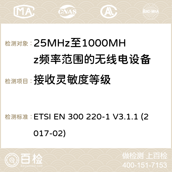 接收灵敏度等级 短距离设备; 25MHz至1000MHz频率范围的无线电设备; 第1部分：技术参数和测试方法 ETSI EN 300 220-1 V3.1.1 (2017-02) 5.14