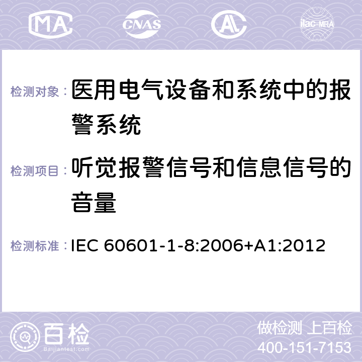 听觉报警信号和信息信号的音量 医用电气设备 第1-8部分 并列标准：通用要求，医用电气设备和医用电气系统中报警系统的测试和指南 IEC 60601-1-8:2006+A1:2012 6.3.3.2