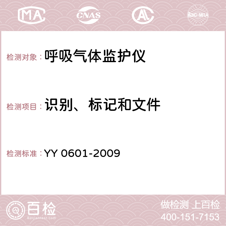 识别、标记和文件 医用电气设备 呼吸气体监护仪的基本安全和主要性能专用要求 YY 0601-2009 6