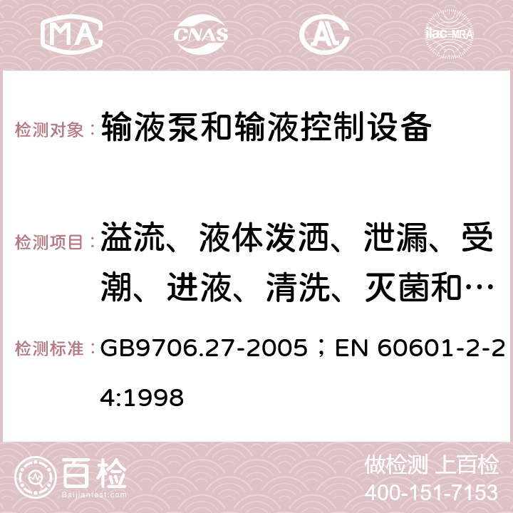 溢流、液体泼洒、泄漏、受潮、进液、清洗、灭菌和相容性 输液泵和输液控制器安全专用要求 GB9706.27-2005；EN 60601-2-24:1998 44