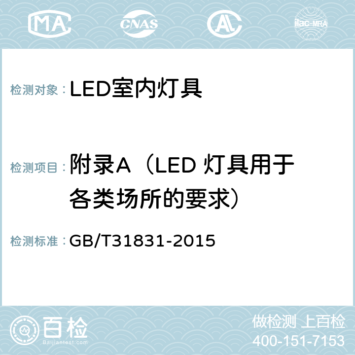 附录A（LED 灯具用于各类场所的要求） GB/T 31831-2015 LED室内照明应用技术要求