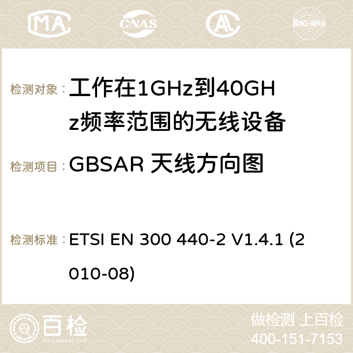 GBSAR 天线方向图 电磁兼容性和无线电频谱管理(ERM);短距离设备;工作在1GHz到40GHz频率范围的无线设备；第2部分：覆盖R&TTE 3.2条指令的协调要求 ETSI EN 300 440-2 V1.4.1 (2010-08) 5.6.5