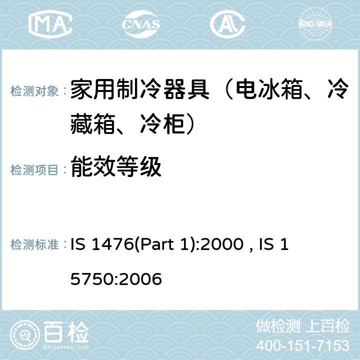 能效等级 冰箱和冰柜能效率 IS 1476(Part 1):2000 , IS 15750:2006 /