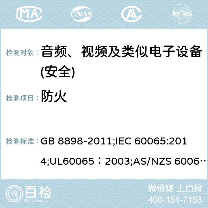 防火 音頻、視頻及類似電子設備 安全要求 GB 8898-2011;
IEC 60065:2014;UL60065：2003;AS/NZS 60065:2012/Amdt 1:2015;EN 60065：2002+A1：2006+A11：2008+A2：2010+A12：2011+AC:2014 20