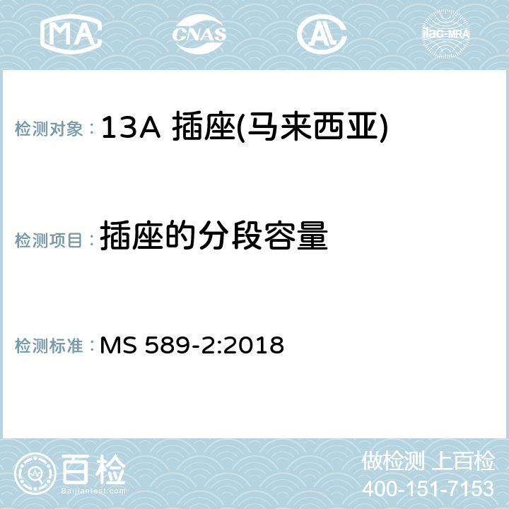 插座的分段容量 13 A 插头、插座、适配器和连接单元 第二部分：13 A 带开关和不带开关插座 MS 589-2:2018 17