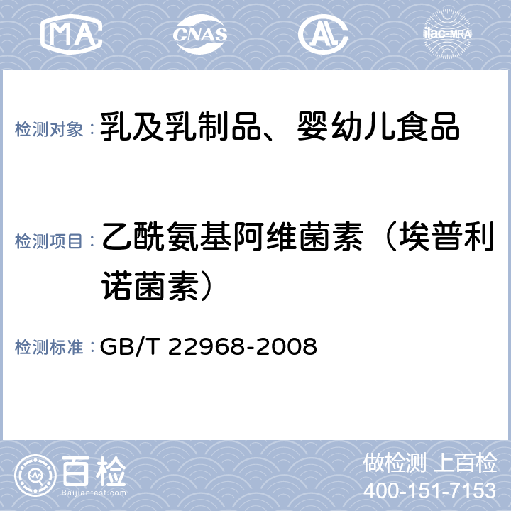 乙酰氨基阿维菌素（埃普利诺菌素） GB/T 22968-2008 牛奶和奶粉中伊维菌素、阿维菌素、多拉菌素和乙酰氨基阿维菌素残留量的测定 液相色谱-串联质谱法