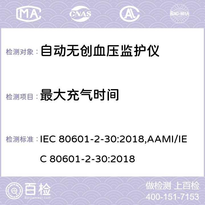 最大充气时间 医用电气设备 第2-30部分：自动无创血压监护仪基本安全与基本性能专用要求 IEC 80601-2-30:2018,AAMI/IEC 80601-2-30:2018 201.104