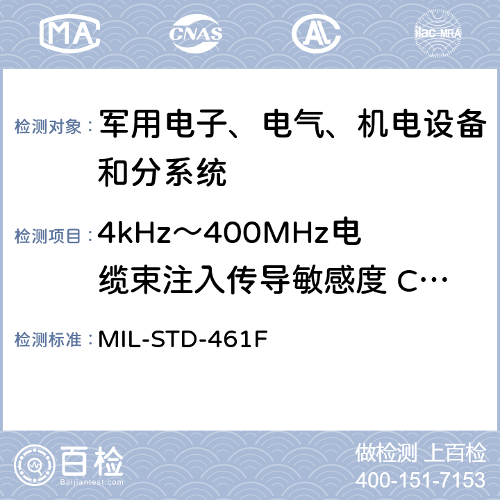 4kHz～400MHz电缆束注入传导敏感度 CS114 设备干扰特性控制要求 MIL-STD-461F