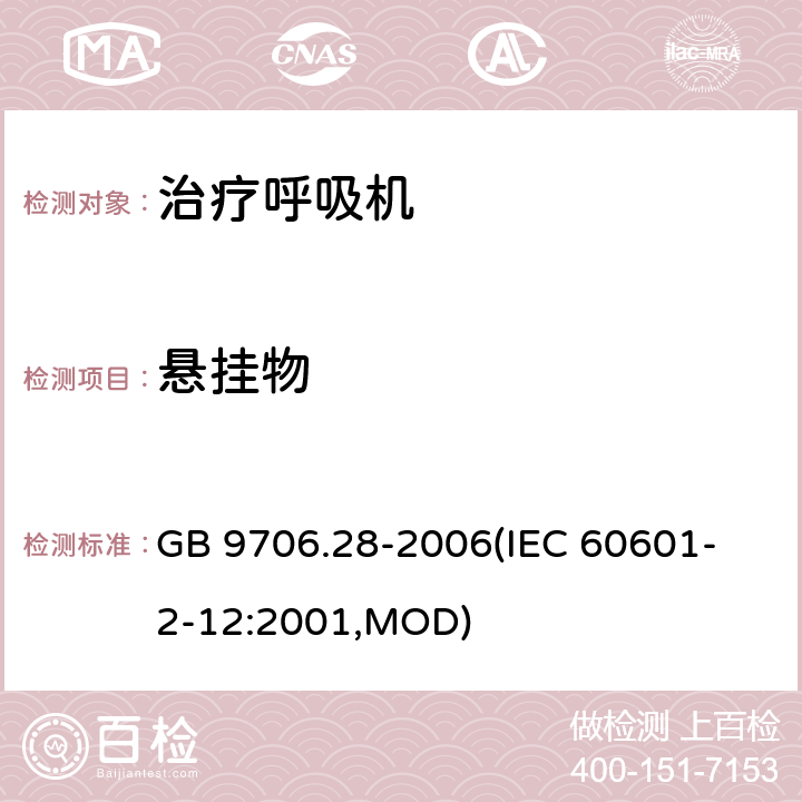 悬挂物 《医用电气设备 第2部分：呼吸机安全专用要求 治疗呼吸机》 GB 9706.28-2006
(IEC 60601-2-12:2001,MOD) 28