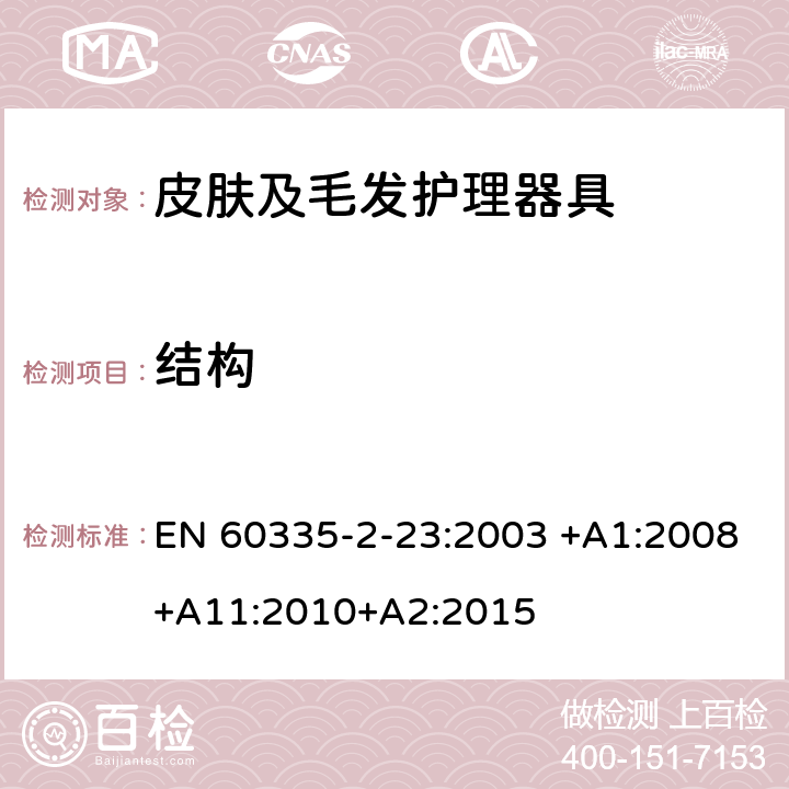 结构 家用和类似用途电器的安全 皮肤及毛发护理器具的特殊要求 EN 60335-2-23:2003 +A1:2008+A11:2010+A2:2015 22