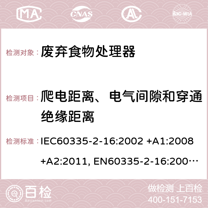 爬电距离、电气间隙和穿通绝缘距离 家用和类似用途电器的安全 第2-16部分: 废弃食物处理器的特殊要求 IEC60335-2-16:2002 +A1:2008+A2:2011, EN60335-2-16:2003+A1:2008+A2:2012, AS/NZS60335.2.16:2012, GB4706.49-2008 29