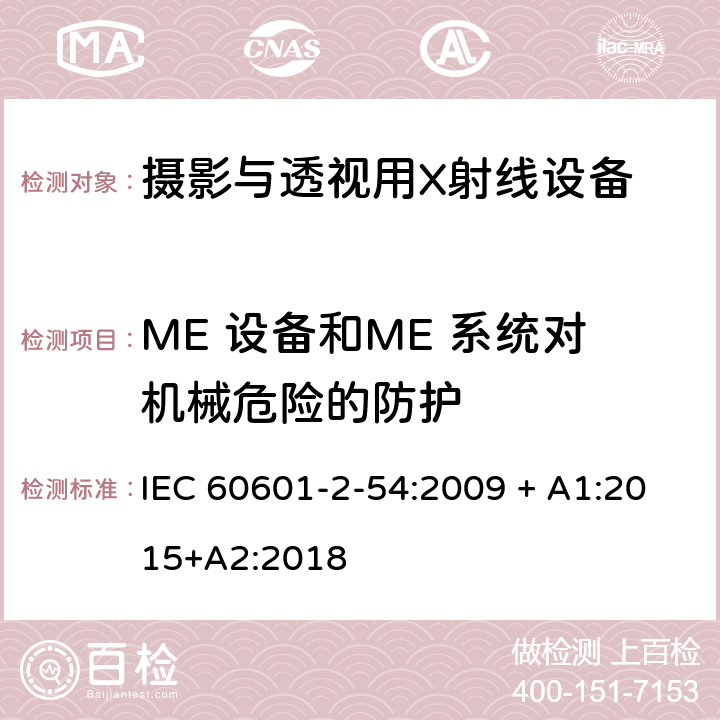 ME 设备和ME 系统对机械危险的防护 医用电气设备 第2-54部分： 摄影与透视用X射线设备的基本安全与基本性能专用要求 IEC 60601-2-54:2009 + A1:2015+A2:2018 201.9