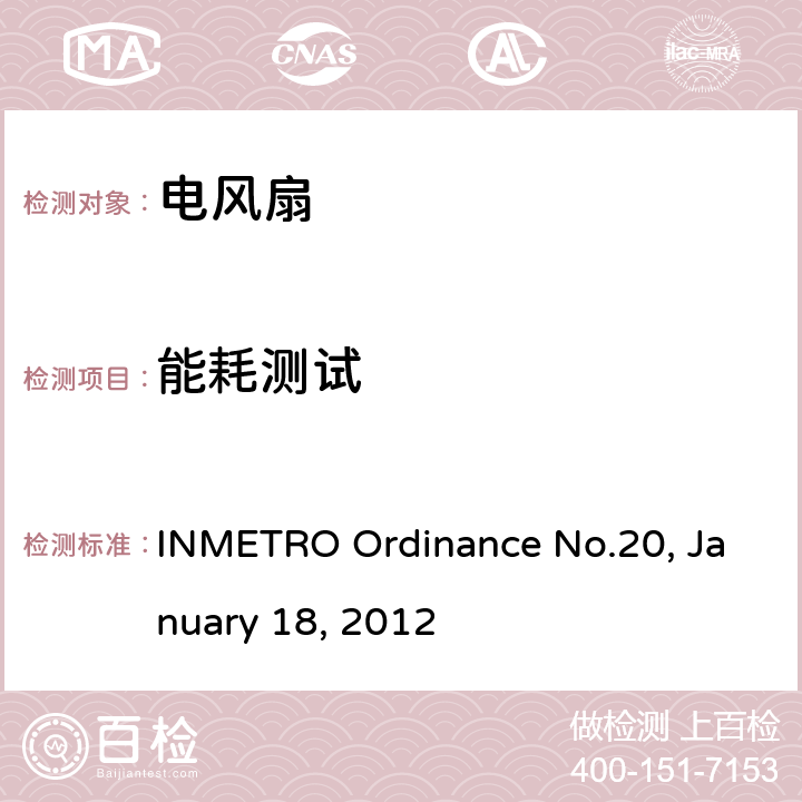 能耗测试 台扇，壁扇，落地扇及空气循环机的符合性要求 INMETRO Ordinance No.20, January 18, 2012 附录A