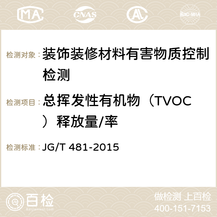 总挥发性有机物（TVOC）释放量/率 低挥发性有机化合物(VOC)水性内墙涂覆材料 JG/T 481-2015 附录B
