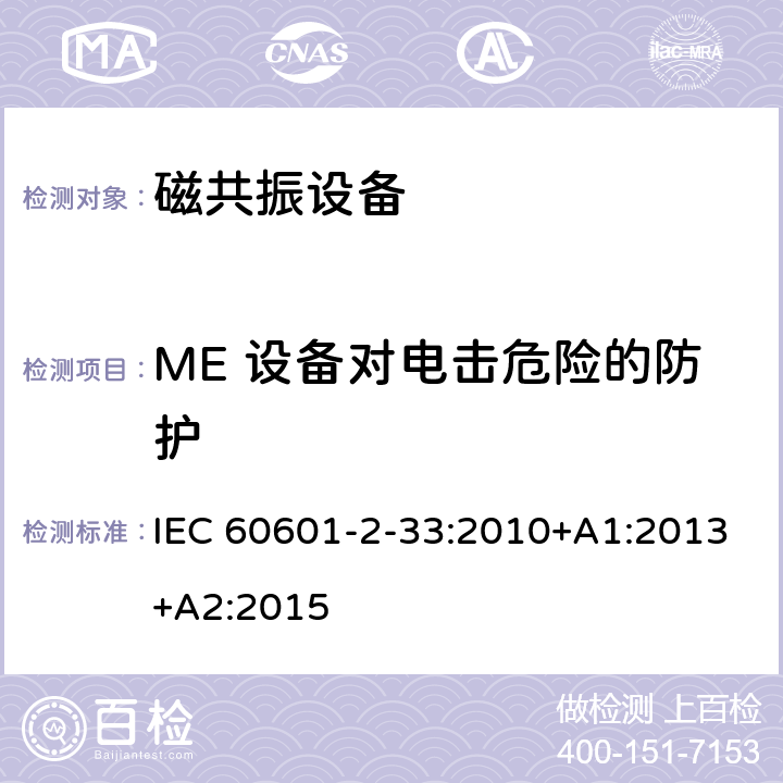 ME 设备对电击危险的防护 医用电气设备第2-33部分： 医疗诊断用磁共振设备安全专用要求 IEC 60601-2-33:2010+A1:2013+A2:2015 201.8