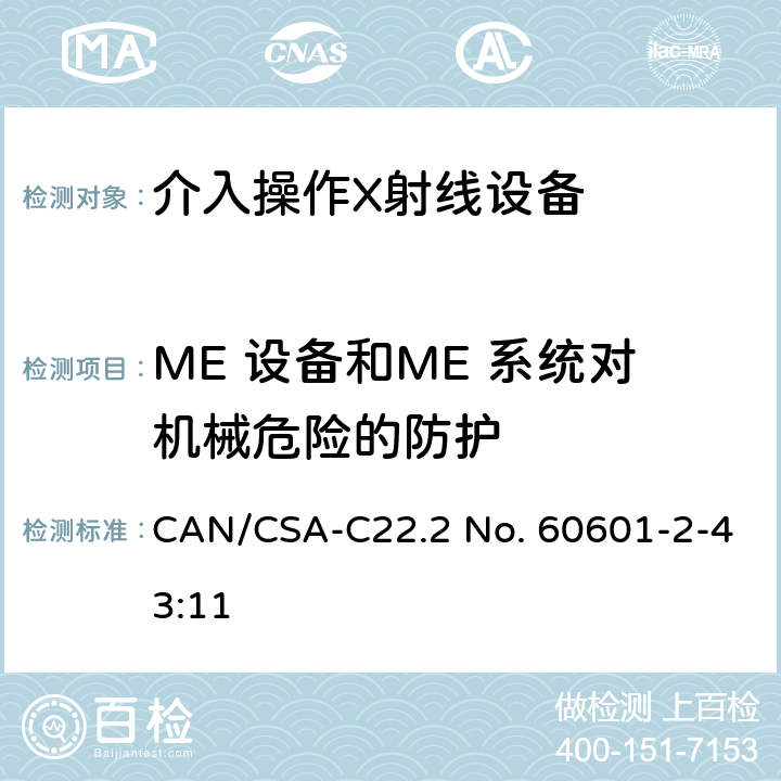 ME 设备和ME 系统对机械危险的防护 CSA-C22.2 NO. 60 医用电气设备第2-43部分：介入操作X射线设备安全专用要求 CAN/CSA-C22.2 No. 60601-2-43:11 201.9