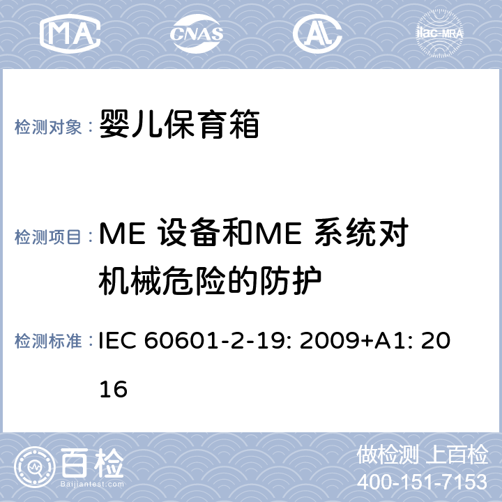 ME 设备和ME 系统对机械危险的防护 医用电气设备 第2-19部分：婴儿保育箱的基本性和与基本安全专用要求 IEC 60601-2-19: 2009+A1: 2016 201.9