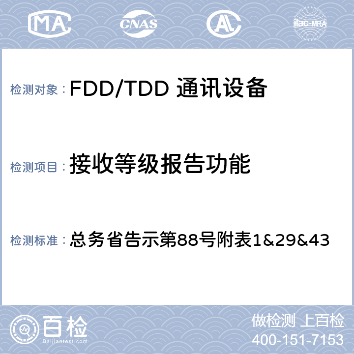 接收等级报告功能 LTE无线终端设备测试要求及测试方法 总务省告示第88号附表
1&29&43