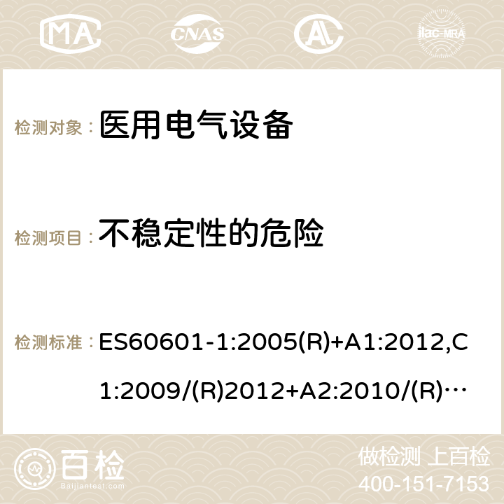 不稳定性的危险 医用电气设备第一部分- 基本安全和基本性能的通用要求 ES60601-1:2005(R)+A1:2012,C1:2009/(R)2012+A2:2010/(R)2012 9.4