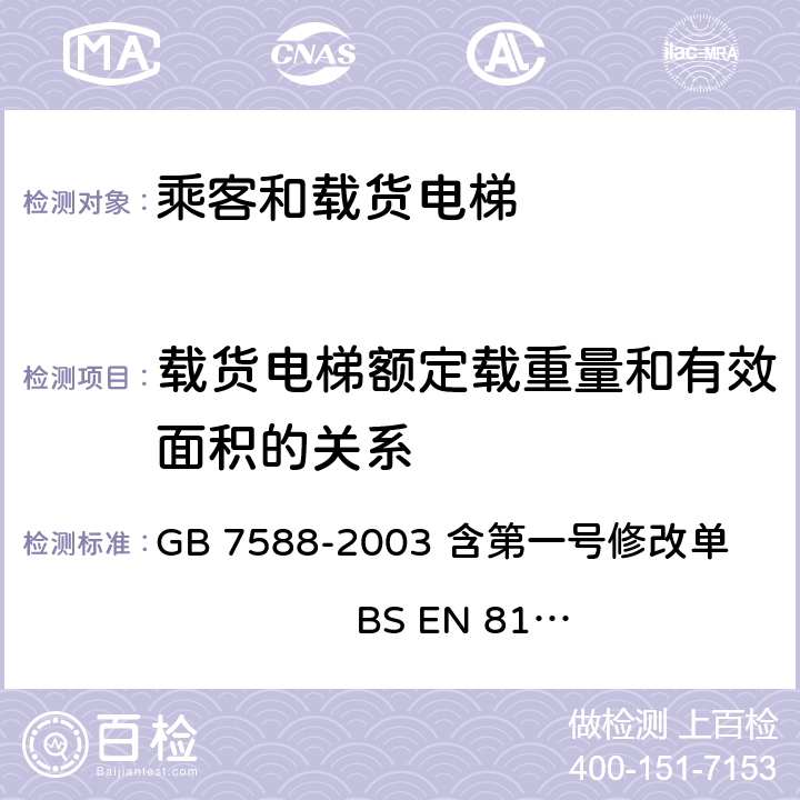 载货电梯额定载重量和有效面积的关系 电梯制造与安装安全规范 GB 7588-2003 含第一号修改单 BS EN 81-1:1998+A3：2009 8.2.2