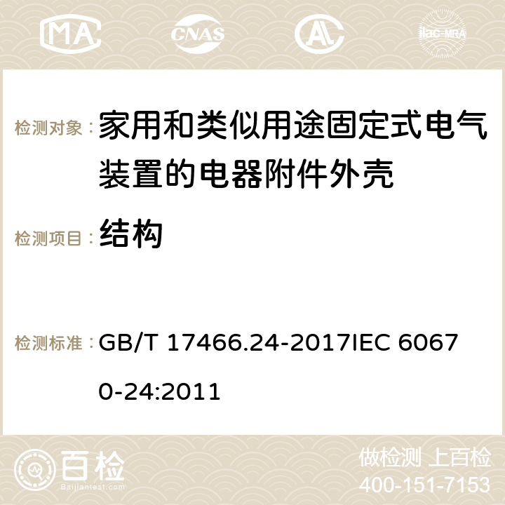 结构 家用和类似用途固定式电气装置的电器附件安装盒和外壳 第24部分：住宅保护装置和其他电源功耗电器的外壳的特殊要求 GB/T 17466.24-2017
IEC 60670-24:2011 12