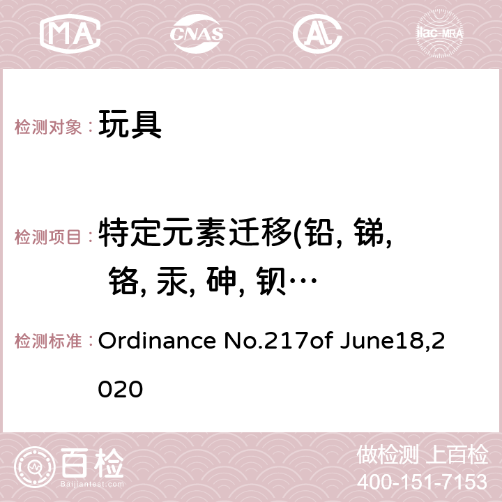 特定元素迁移(铅, 锑, 铬, 汞, 砷, 钡, 硒, 镉) Ordinance No.217of June18,2020 巴西法令编号217, 2020.06.18  附录II 6.2.1.4.4