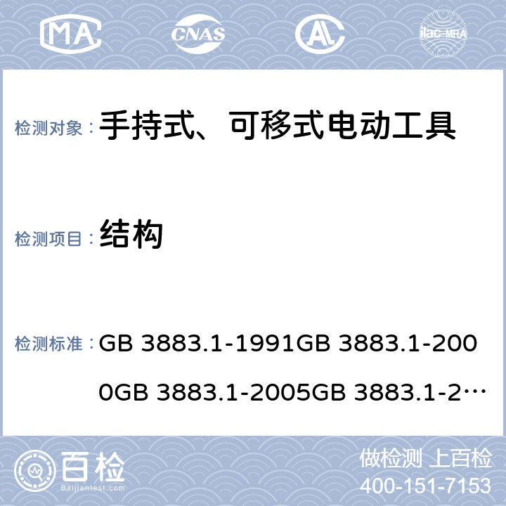 结构 手持式电动工具的安全 第一部分:通用要求手持式、可移式电动工具和园林工具的安全 第1部分：通用要求 GB 3883.1-1991GB 3883.1-2000GB 3883.1-2005GB 3883.1-2008IEC 60745-1 (Edition 1.0):1982IEC 60745-1( Edition 2.0):1997IEC 60745-1:2001+A1:2002+A2:2003 CSVIEC 60745-1 (Edition 4.0):2006AS/NZS 60745.1:2003 AS/NZS 60745.1:2009 21