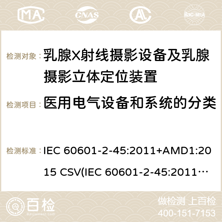 医用电气设备和系统的分类 医用电气设备 第2-45部分:乳腺X射线摄影设备及乳腺摄影立体定位装置安全专用要求 IEC 60601-2-45:2011+AMD1:2015 CSV(IEC 60601-2-45:2011)
 201.6