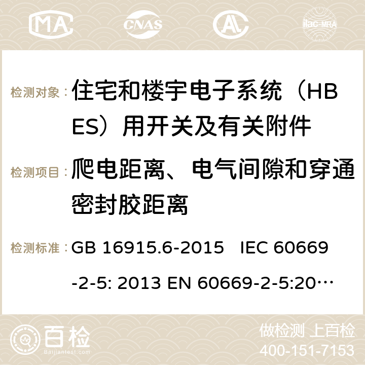爬电距离、电气间隙和穿通密封胶距离 家用和类似用途固定式电气装置的开关 第2-6部分：住宅和楼宇电子系统（HBES）用开关及有关附件 GB 16915.6-2015 IEC 60669-2-5: 2013 EN 60669-2-5:2016 SANS 60669.2.5:2014 23
