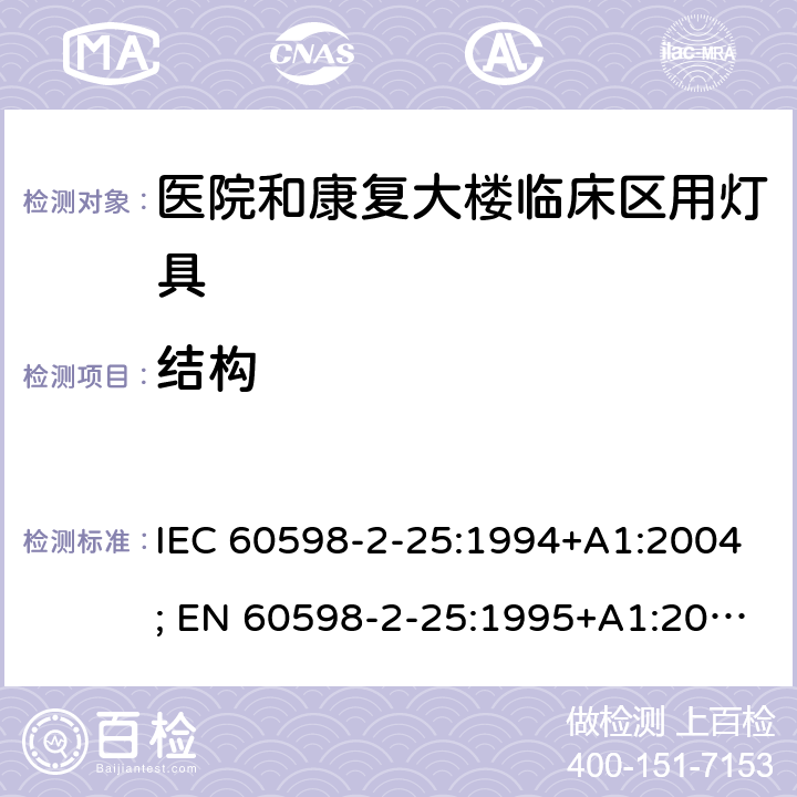 结构 灯具-2-25部分：医院和康复大楼临床区用灯具 IEC 60598-2-25:1994+A1:2004; EN 60598-2-25:1995+A1:2004; BS EN 60598-2-25:1995; AS/NZS 60598.2.25:2001 MS IEC 60598-2-25:2001 (CONFIRMED:2015) SANS 60598-2-25:1994 25.6 (4)