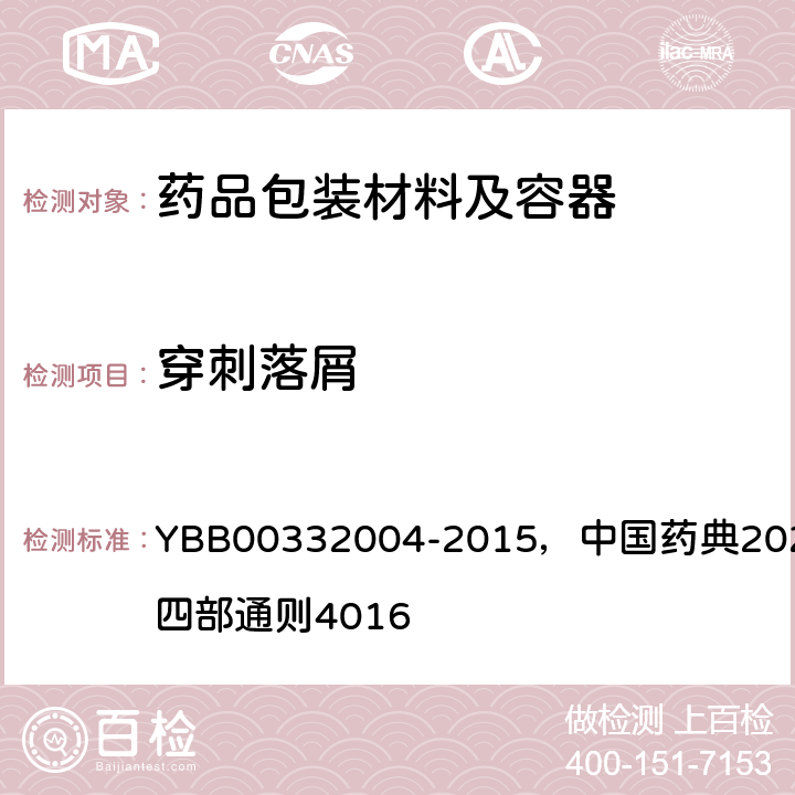 穿刺落屑 注射剂用胶塞、垫片穿刺落屑测定法 YBB00332004-2015，中国药典2020年版四部通则4016