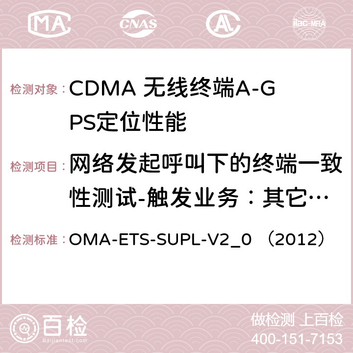 网络发起呼叫下的终端一致性测试-触发业务：其它场景触发 安全用户面定位业务引擎测试规范v2.0 OMA-ETS-SUPL-V2_0 （2012） 5.1.6