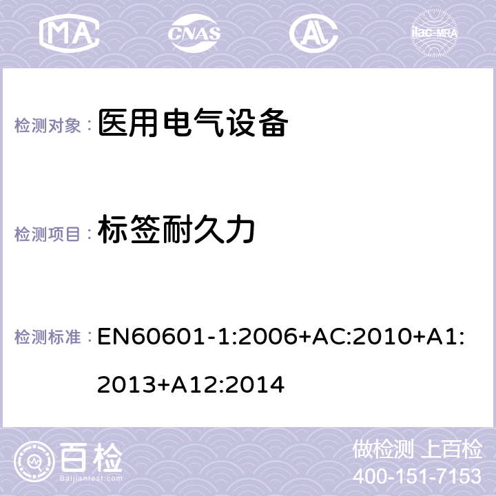 标签耐久力 医用电气设备第一部分- 基本安全和基本性能的通用要求 
EN60601-1:2006+AC:2010+A1:2013+A12:2014 7.1.3