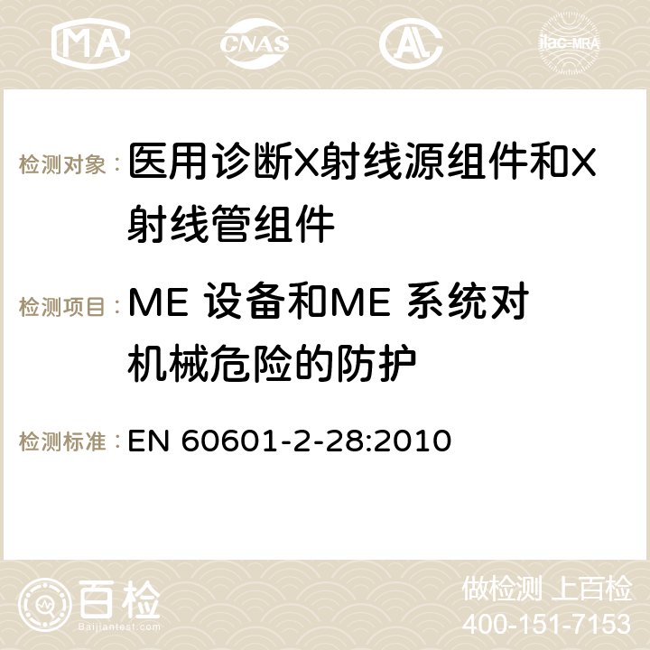 ME 设备和ME 系统对机械危险的防护 医用电气设备 第2-28部分：医用诊断X射线管组件的基本安全与基本性能专用要求 EN 60601-2-28:2010 201.9