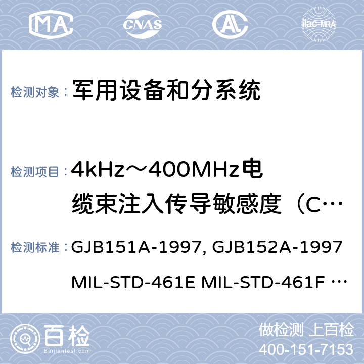 4kHz～400MHz电缆束注入传导敏感度（CS114） GJB 151A-1997 军用设备和分系统电磁发射和敏感度限值 GJB151A-1997 军用设备和分系统电磁发射和敏感度测量GJB152A-1997 MIL-STD-461E MIL-STD-461F MIL-STD-461G GJB151B-2013