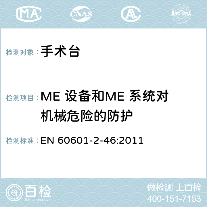 ME 设备和ME 系统对机械危险的防护 医用电气设备-第2-46部分：手术台安全和基本性能专用要求 EN 60601-2-46:2011 201.9