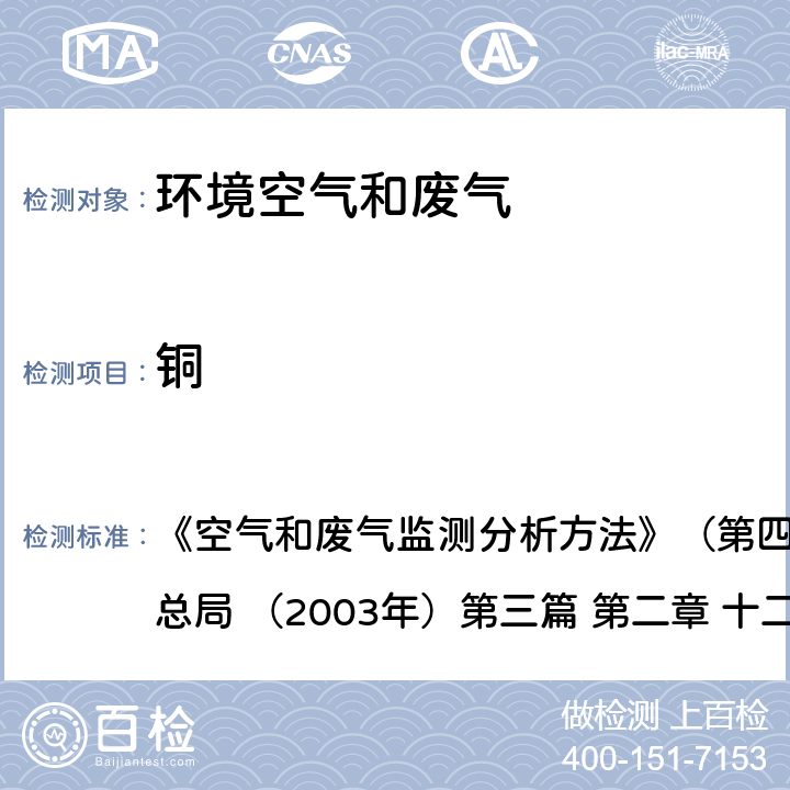 铜 原子吸收分光光度法 《空气和废气监测分析方法》（第四版增补版）国家环境保护总局 （2003年）第三篇 第二章 十二