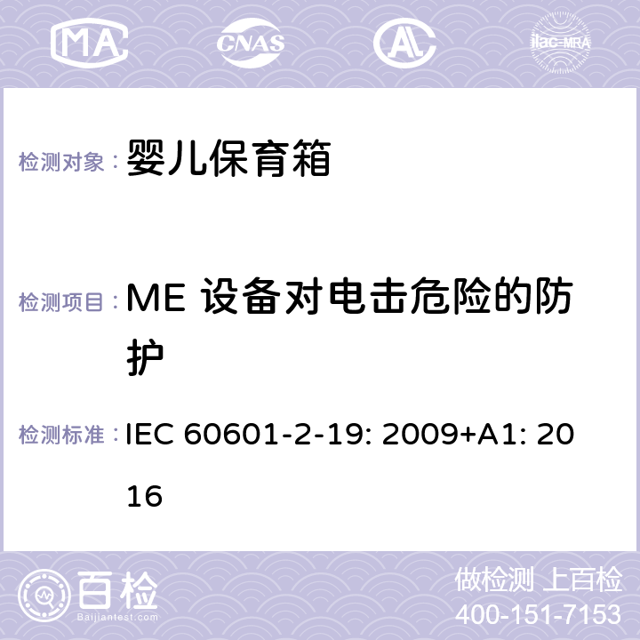 ME 设备对电击危险的防护 医用电气设备 第2-19部分：婴儿保育箱的基本性和与基本安全专用要求 IEC 60601-2-19: 2009+A1: 2016 201.8