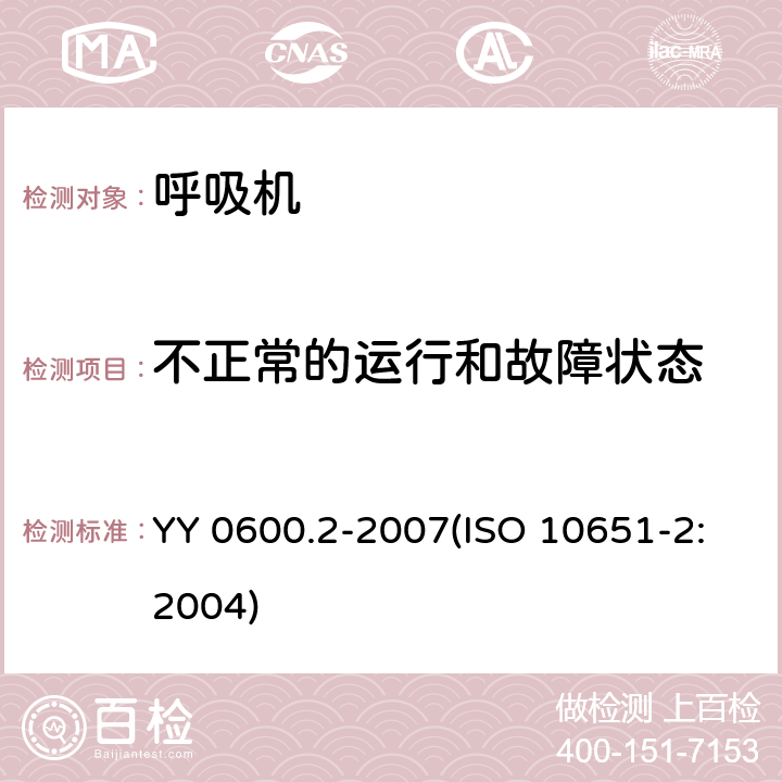 不正常的运行和故障状态 医用呼吸机基本安全和主要性能专用要求 第2部分：依赖呼吸机患者使用的家用呼吸机 YY 0600.2-2007(ISO 10651-2:2004) 52