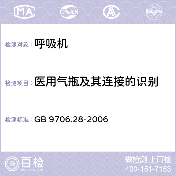 医用气瓶及其连接的识别 医用电气设备 第2部分：呼吸机安全专用要求 治疗呼吸机 GB 9706.28-2006 6.6