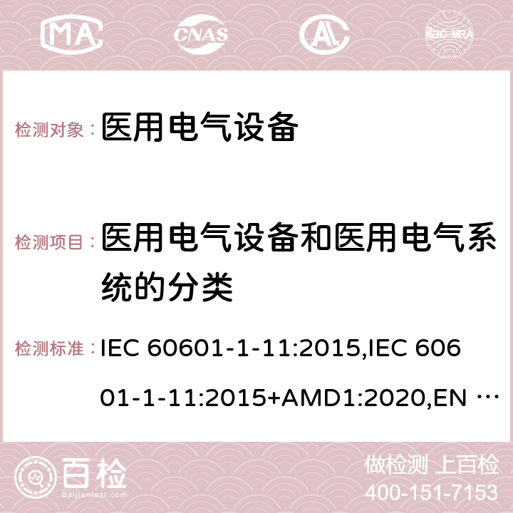 医用电气设备和医用电气系统的分类 医用电气设备第1-11部分:基本安全和必要性能通用要求-并列标准:家用健康护理医疗电气设备和系统的要求 IEC 60601-1-11:2015,IEC 60601-1-11:2015+AMD1:2020,EN 60601-1-11:2015,BS EN 60601-1-11:2015,CSA C22.2 NO. 60601-1-11:15 (R2020),ANSI/AAMI HA60601-1-11:2015 6