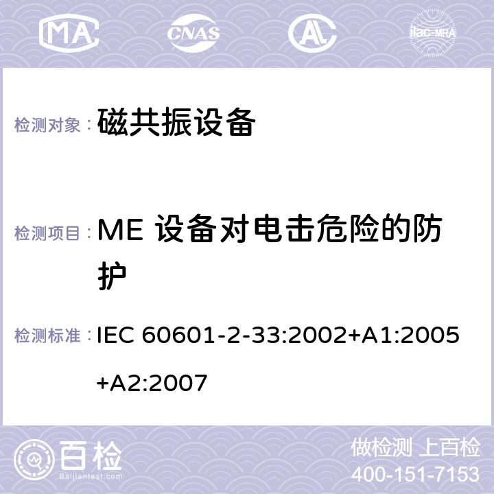 ME 设备对电击危险的防护 医用电气设备第2-33部分： 医疗诊断用磁共振设备安全专用要求 IEC 60601-2-33:2002+A1:2005+A2:2007 14, 17, 19