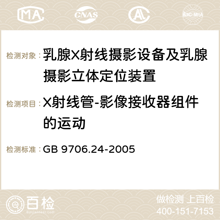 X射线管-影像接收器组件的运动 医用电气设备 第2-45部分：乳腺X射线摄影设备及乳腺摄影立体定位装置 安全专用要求 GB 9706.24-2005 22.101