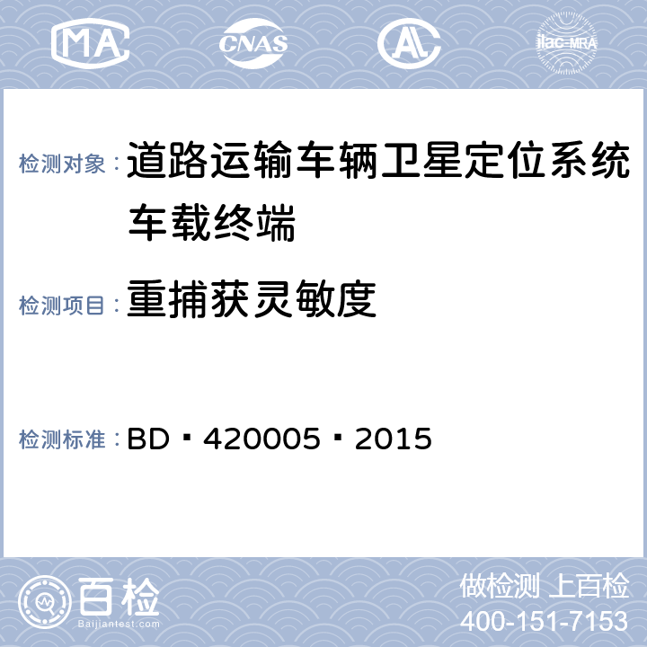 重捕获灵敏度 北斗/全球卫星导航系统（GNSS） 导航单元性能要求及测试方法 BD 420005—2015 5.4.7.2