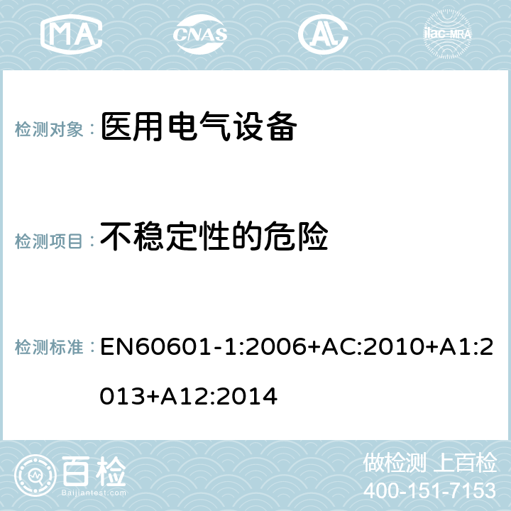 不稳定性的危险 医用电气设备第一部分- 基本安全和基本性能的通用要求 EN60601-1:2006+AC:2010+A1:2013+A12:2014 9.4