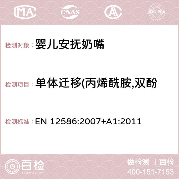 单体迁移(丙烯酰胺,双酚A,甲醛,苯酚,苯乙烯) EN 12586:2007 儿童使用和护理用品 - 安抚奶嘴持有人的安全要求和测试方法 +A1:2011 5.3.10,6.2.6