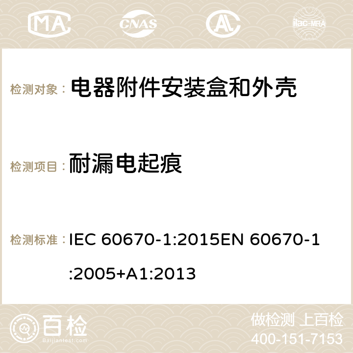 耐漏电起痕 家用和类似用途固定式电气装置电器附件安装盒和外壳 第1部分：通用要求 IEC 60670-1:2015
EN 60670-1:2005+A1:2013 19