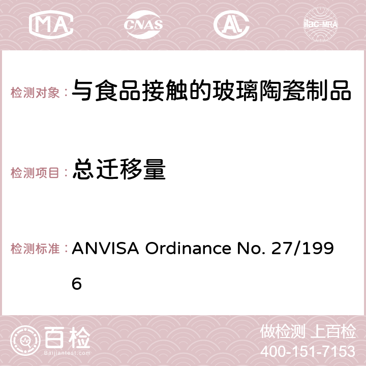 总迁移量 ENO.27/1996 与食品接触的玻璃陶瓷制品的技术法规 ANVISA Ordinance No. 27/1996